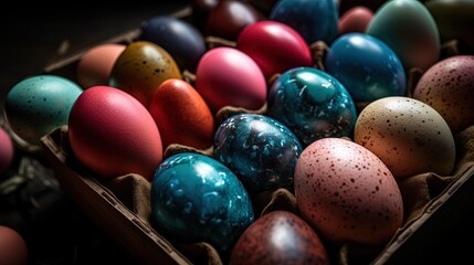 Fototapeta na wymiar The Easter egg image features dynamic colorful eggs in an abstract background. Pastel hues, soft lighting, reflective surfaces, subtle textures, and high resolution make this hyper-detailed image.