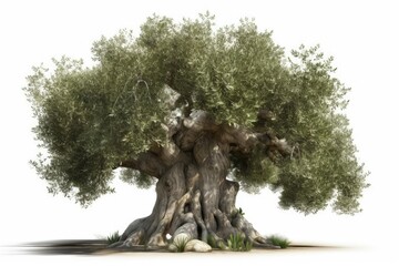 an ancient olive tree isolated on a white background. Generative AI - obrazy, fototapety, plakaty
