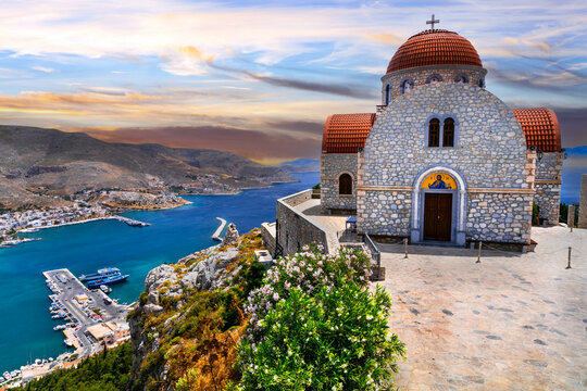 Amazing Greece  - beautiful Kalymnos island, Dodecanese. view of  scenic Pothia town and agios Savvas monastery