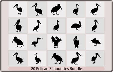 Set of Pelican silhouettes in black.Set of pelican flat icons,Vector pelican silhouette,Pelican silhouette set. Vector illustration,