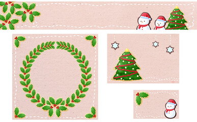 クリスマス☆イラスト素材4種セット リースとツリーと雪だるま ミシン目入り ピンク バナー・正方形・ハガキ・名刺 色違い有