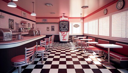 A vintage diner with chrome accents, vinyl booths, and a checkerboard floor.
