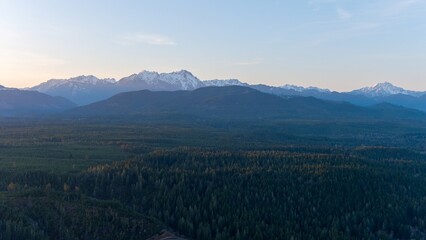 Aerial view of the Olympic Mountain Range of Washington State at sunset