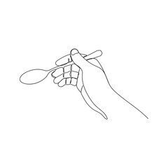 Hand holding spoon. One line art. Cooking hand with silverware. Hand drawn vector illustration.