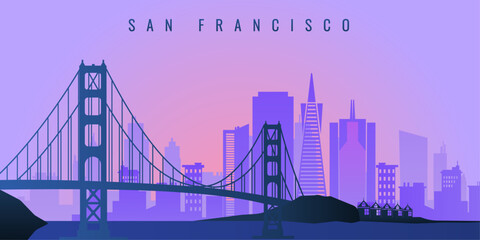 Flat illustration of city shadow, city elements and bridge.	Purple pink sunset.