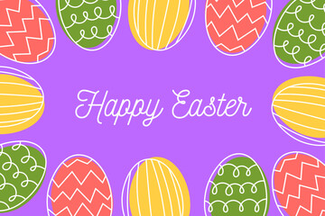 Easter eggs and greeting text on the purple background. Colourful design for Easter.