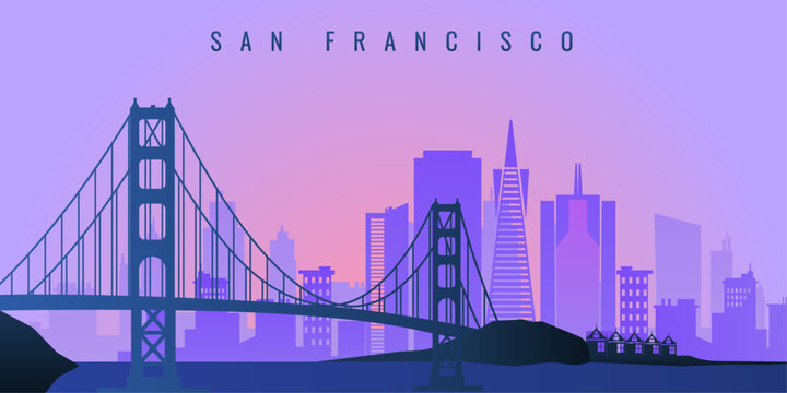 Flat illustration of city shadow, city elements and bridge. Purple pink sunset. © Izabella