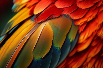 Scarlet macaw bird's colorful feather. Abstract background. Generative ai.