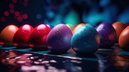 The Easter egg image features dynamic colorful  eggs in an abstract background. Pastel hues, soft lighting, reflective surfaces, subtle textures, and high resolution make this hyper-detailed image.