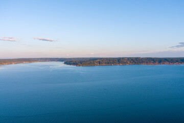 Aerial view of Annas Bay of the Puget Sound at sunset in Potlatch, Washington