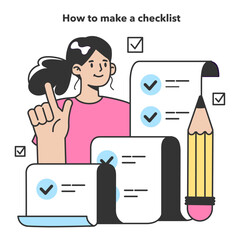 Checklist making concept. Character planning the daily routine