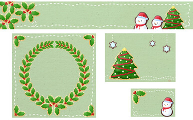 クリスマス☆イラスト素材4種セット リースとツリーと雪だるま ミシン目入り グリーン バナー・正方形・ハガキ・名刺 色違い有