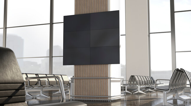 Blank black led display in airport lounge mockup, side view
