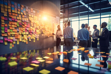 Business professionals gather in an office, using sticky notes to share ideas, strategize and stimulate creative thinking - obrazy, fototapety, plakaty