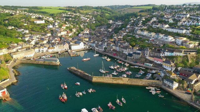 Aerial of Mevagissey harbour and village on the south coast of Cornwall, England, United Kingdom, Europe