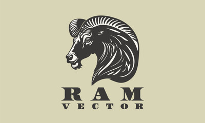 Vector monochrome horned head of a powerful ram. Logo, sticker or icon. Isolated background.
