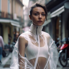 a model girl, on the street in a white see-through dress, fashion generative ai