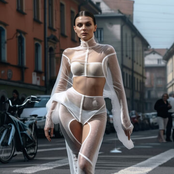 a model girl, on the street in a white see-through dress, fashion generative ai