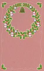 クリスマス☆ミシン目入り縦型イラスト素材 アイシングクッキーのリース ビンテージレッド背景 差分有