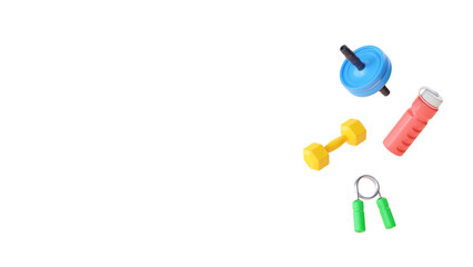 Fitness 3d render illustration - simple fit equipment, minimal barbell, bottle and esponder on white background