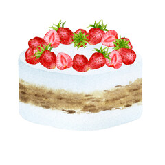 Cream cake decorated with strawberries. Watercolor holiday clipart for design of postcards, greeting cards, invitations, menus, logos, fabric prints. Wedding, birthday, anniversary design.
