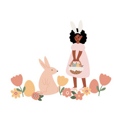 Happy Easter illustration clipart, Cute bunny vector images, Childrens egg hunts clip art, Easter basket pictures, rabbit in flat cartoon style, sublimation, digital download.