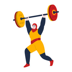 Naklejka na ściany i meble Strong female weightlifter lifting barbell. Muslim woman powerlifter holding weights. Heavy athlete performing exercises in sport training. Vector flat illustration