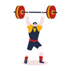 Obraz premium Strong powerlifter lifting barbell. Weightlifter doing exercise called deadlift. Heavy athlete performing exercises in sport training. Vector flat illustration