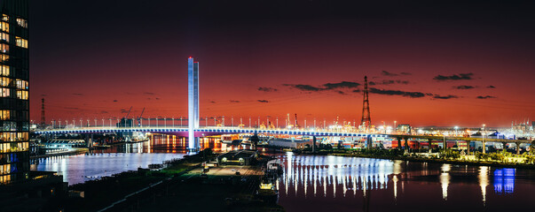 Panoramic view of Melbourne's Docklands Bolte Bridge at night