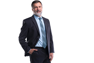 Happy satisfied mature businessman looking at camera isolated on transparent background