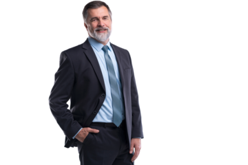 Happy satisfied mature businessman looking at camera isolated on transparent background