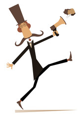 Man, megaphone and news isolated. 
Cartoon mustache in the top hat man with megaphone makes announcement
