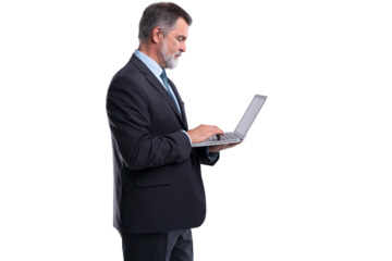 Cheerful mature businessman using laptop computer while standing isolated over transparent