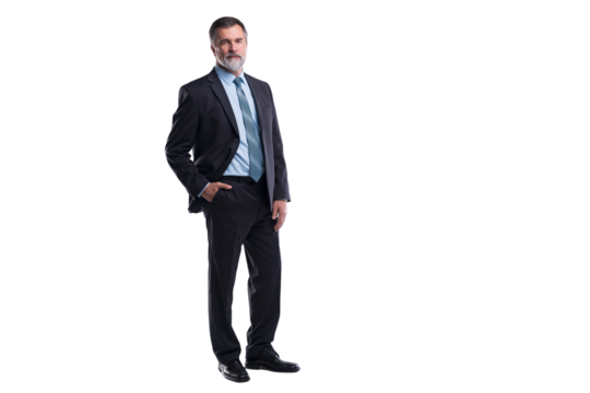 Full length portrait of confident mature businessman in formals standing isolated over transparent background
