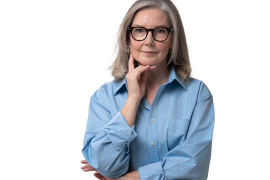 Elegant mid adult woman against transparent background. Stylish mature woman in blue casuals looking at camera and smiling