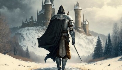 Knight looking to the castle on the hill at winter landscape. Postproducted generative AI digital illustration.