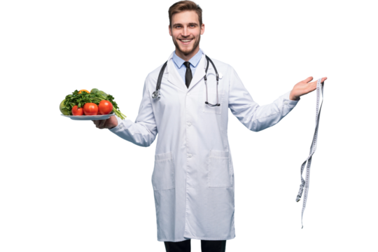 Doctor with a measuring tape and a plate with vegetables and fruit isolated on transparent background