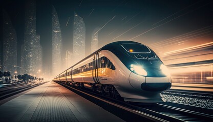 Naklejka premium High speed train at station and blurred cityscape at night on background. Postproducted generative AI digital illustration of non existing train model.