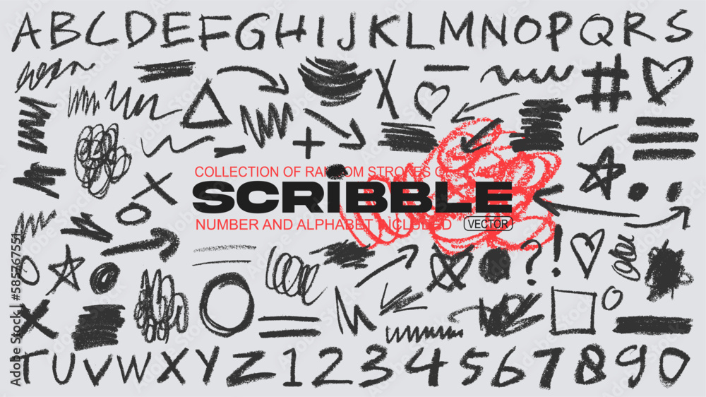 Fototapete collection of random hand drawn scribble of stroke, shape, number and alphabet vector set