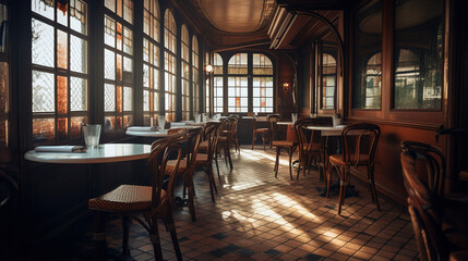 Fototapeta na wymiar Interior of a French bistro with tiled floor and wooden tables and chairs. AI generated.