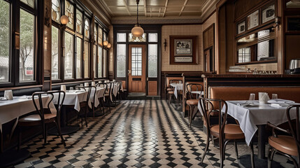 Interior of a French bistro with tiled floor and wooden tables and chairs. AI generated.