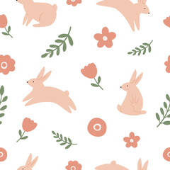Easter seamless pattern, Digital scrapbook paper, Printable egg background, illustration clipart, bunny rabbit flowers, vector images in flat cartoon style.
