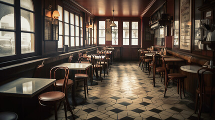 Interior of a French bistro with tiled floor and wooden tables and chairs. AI generated.