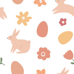 Easter seamless pattern, Digital scrapbook paper, Printable egg background, illustration clipart, bunny rabbit flowers, vector images in flat cartoon style.