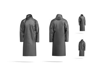 Blank black protective raincoat mockup, different views - obrazy, fototapety, plakaty