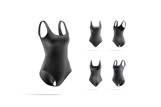 Blank black one-piece swimsuit mockup, different views