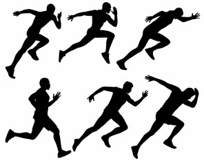 Run. Running men and women, vector set of isolated silhouettes, white background