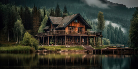 Stunning Two-Story Wooden House with Spacious Balcony by the Lake - Surrounded by Green Forests and Mountains created by Generative AI