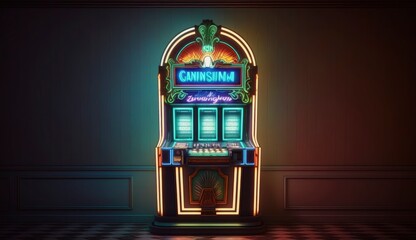 One neon shining casino slot machine at empty room. Postproducted generative AI digital illustration.