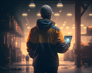 Warehouse worker supervising, wearing hard hat and reflective jacket, back view, holding ipad - obrazy, fototapety, plakaty